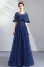 Blau Cape Lang Party Prom Abibal Kleid