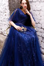 Sexy Blue V-Cut Sequins Tulle Party Prom Gown
