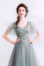 Grey Cape V-Cut Embroidery Party Prom Dress