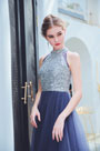 Robe de Bal Bleue En Tulle et Perles Brillants