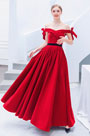 Red Off Shoulder Silk Velvet Party Evening Dress
