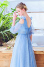 NEW Blue V-Cut Off Shoulder Sleeves Party Ball Dress