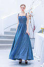 Blue Illusion Neck  Blue Beaded Party Prom Gown