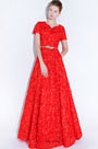 Red Short Sleeves Floral Long Party Evening Ball Dress