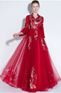 Red V-Cut NeckLine Mid Sleeves Party Ball Gown