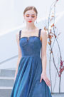 Blue Illusion Neck  Blue Beaded Party Prom Gown