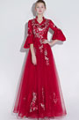 Red V-Cut NeckLine Mid Sleeves Party Ball Gown