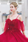 Red Spaghetti Floral Embroidery Women Party Dress