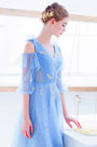 NEW Blue V-Cut Off Shoulder Sleeves Party Ball Dress