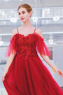 Red Spaghetti Floral Embroidery Women Party Dress