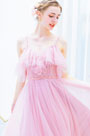Pink Spaghetti Ruffle  Sequins Prom Party Dress