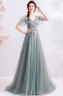 Grey Cape V-Cut Embroidery Party Prom Dress