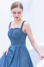 Blue Illusion Neck  Blue Beaded Party Prom Gown