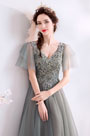 Grey Cape V-Cut Embroidery Party Prom Dress