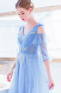 NEW Blue V-Cut Off Shoulder Sleeves Party Ball Dress
