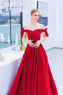 Red Off Shoulder Silk Velvet Party Evening Dress
