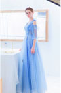 NEW Blue V-Cut Off Shoulder Sleeves Party Ball Dress