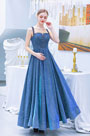Blue Illusion Neck  Blue Beaded Party Prom Gown