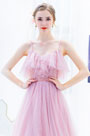 Pink Spaghetti Ruffle  Sequins Prom Party Dress