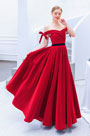 Red Off Shoulder Silk Velvet Party Evening Dress