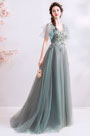Grey Cape V-Cut Embroidery Party Prom Dress
