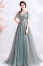 Grey Cape V-Cut Embroidery Party Prom Dress