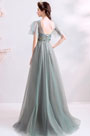 Grey Cape V-Cut Embroidery Party Prom Dress