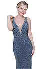 Élégante Robe de Soirée Bleue V Col à Paillettes