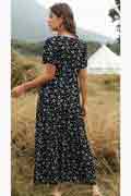 Women Summer Bohemian Floral Printed V Neck Beach Party Midi Dress