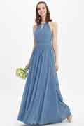 Robe demoiselle d’honneur A‑line en mousseline avec col halter, sans manches et longueur au sol pour mariage