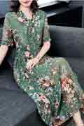 Green Floral Printed Holiday Maxi Summer Party Dress