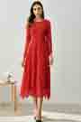 Red Round Neck Longe Sleeves Lace Dress Day Wear