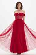 Red OFF Shoulder Polyester Boned Sheer Shiny Tulle Dress