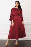 New Women Plain Round Neck Long Sleeves Satin Maxi Evening Dresses