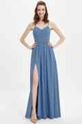 A‑Linien Chiffon‑Brautjungfernkleid mit Spaghettiträgern, ärmellos und bodenlang für Hochzeiten