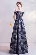 Blue Print Off Shoulder Empire Party Prom Evening Dress