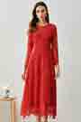 Red Round Neck Longe Sleeves Lace Dress Day Wear