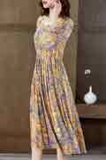 Yellow Floral Printed Chiffon Holiday Party Evening Dress