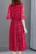 New Red Floral Print Mid Sleeves Summer Holiday Chiffon Dress