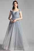 Grey OFF Shoulder Pleated Shiny Party Evening Dress