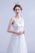 White Classic V-Cut Lace Applique Bridal Wedding Dress