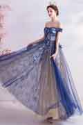 Blue Sexy OFF Shoulder Embroidery Tulle Party Evening Gown