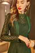 Green High Neck Sleeves Lace Appliques Long Dress