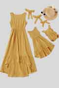 Mommy and Me Summer Sleeveless Matching Maxi Dresses Outfit with Headb