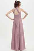 A‑Linien Chiffon‑Brautjungfernkleid mit Halterneck, ärmellos und bodenlang für Hochzeiten