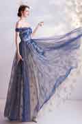 Blue Sexy OFF Shoulder Embroidery Tulle Party Evening Gown