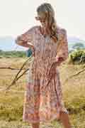 Women 3/4 Sleeves Holiday Dress Floral Print V Neck Summer Mixi Dress
