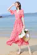 Women Floral Maxi Dress Short Sleeves Print Summer Beach Party Dress