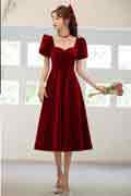 Velvet Vintage Wine Red Engagement Party Dress