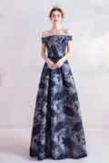 Blue Print Off Shoulder Empire Party Prom Evening Dress